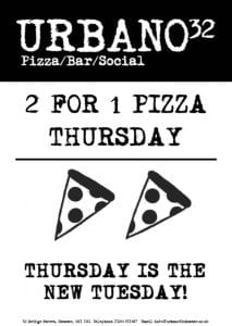 Urbano32 2 For 1 Pizza Thursday