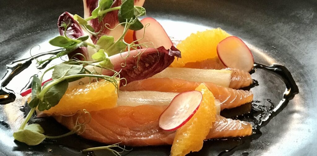 the yard limoncello cured salmon pickled cucumber chicory radish salad
